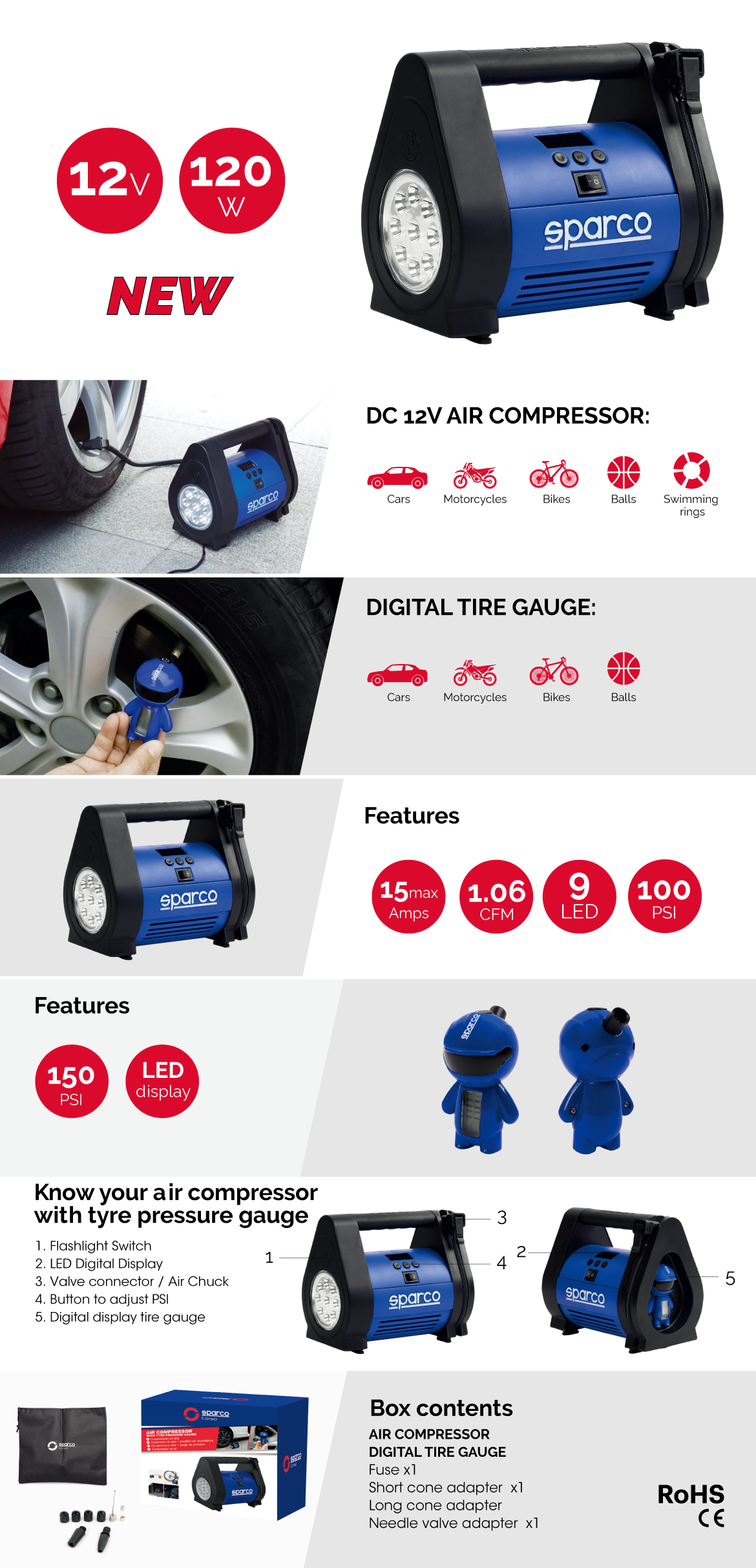 Air Compressor With Tyre Pressure Gauge SPT160 - Sparco Corsa